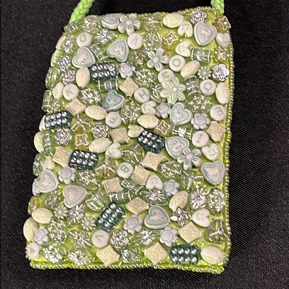 Novelty Crossbody Purse. Credit Card, ID &  Money Fits. Lime Green W/ Beads
